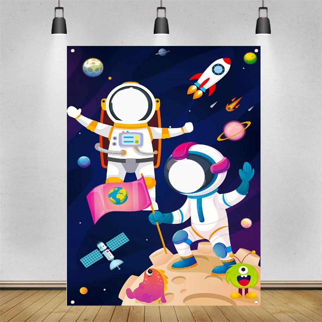 Outer Space Photo Door Banner Astronaut Face Photography Backdrop Banner Astronaut Pretend Play Party Game Photo Background Prop