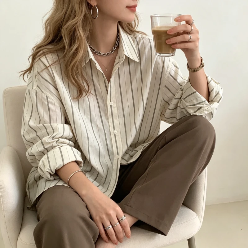 Women Summer Korean Striped Blouse Button Up Long Sleeve Loose Fit Chic Elegant Office Commute Lightweight Casual Outer Shirt