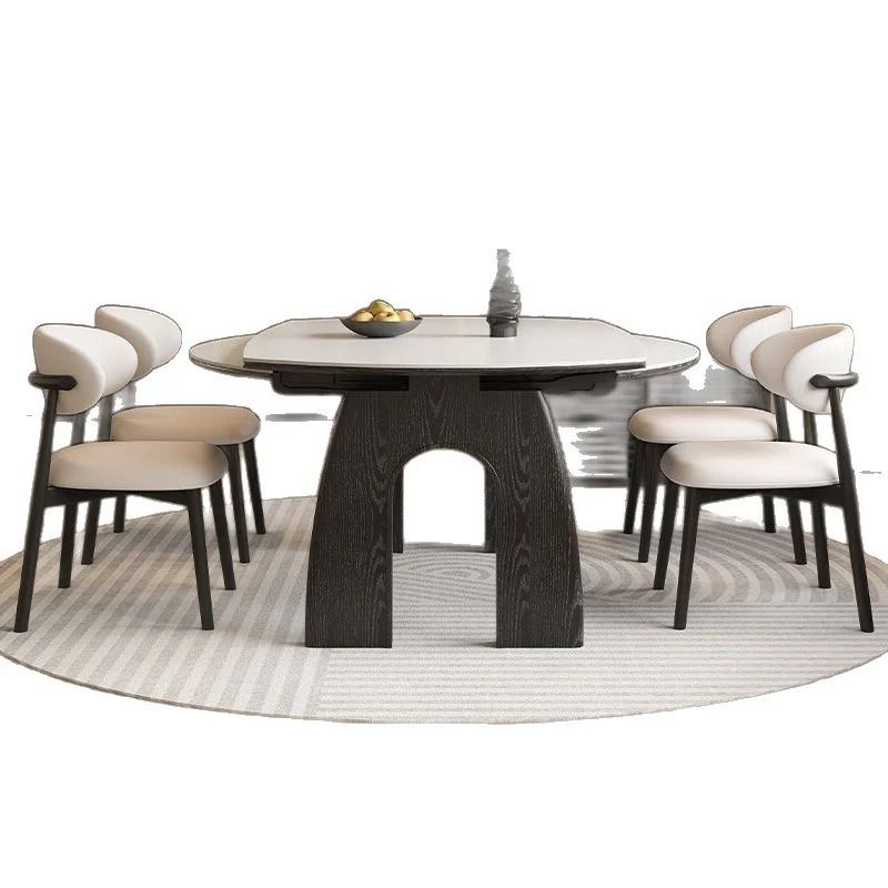 #Extendable Dining Table  French Vintage-Style Wooden Dining Table  set Round Stone Top  Luxury Dining Room Furniture