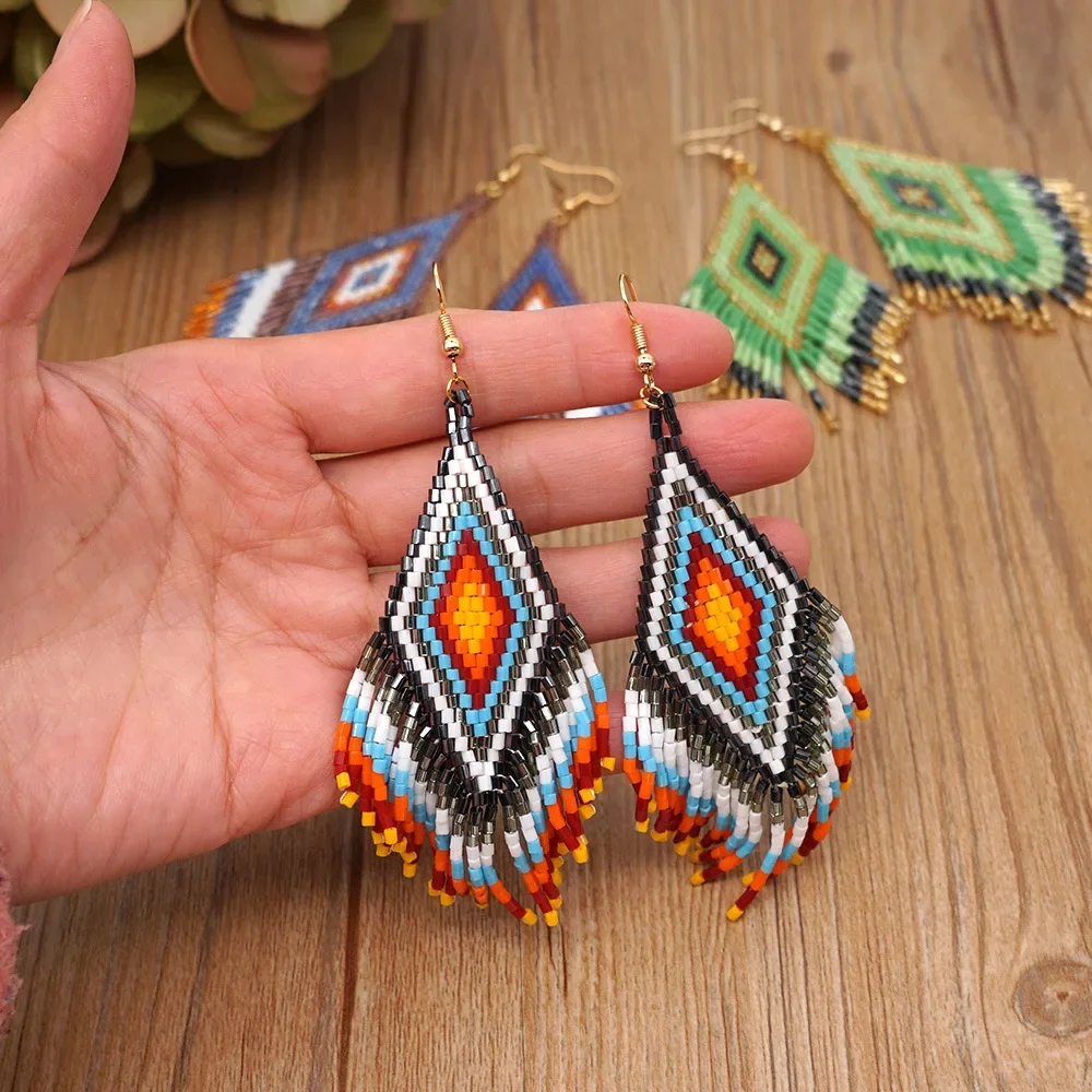 

Fringe Earrings Hand knitting Beading Simple Bohemia diamond fashion geometry alloy ma'am Rice Bead Earrings