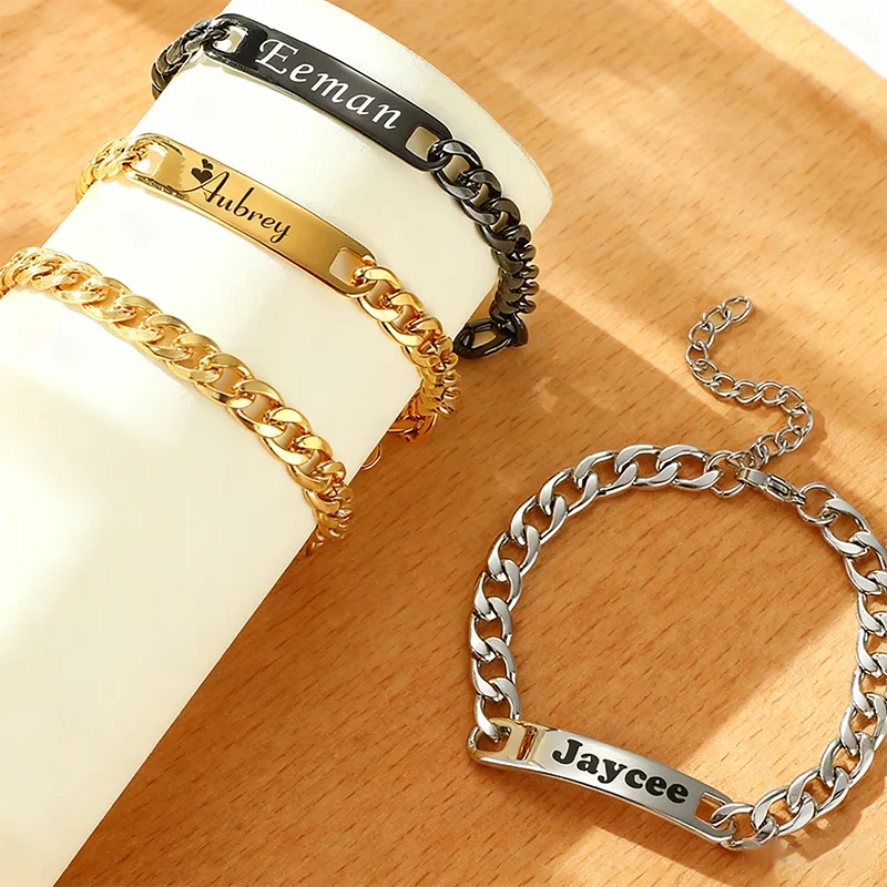 Stainless Steel Personalized Name Bracelets and Bangles for Man Woman Custom Nameplate Date DIY Bracelet Jewelry Birthday Gift - view 2