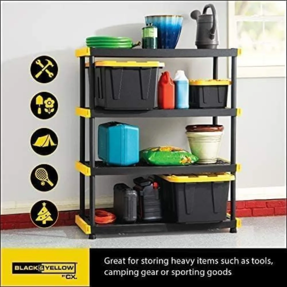 Black & Yellow®, 4-Tier Heavy Duty Plastic Storage Shelving Unit, 200lbs/shelf, for Indoor/Outdoor Organization,Modular Rack