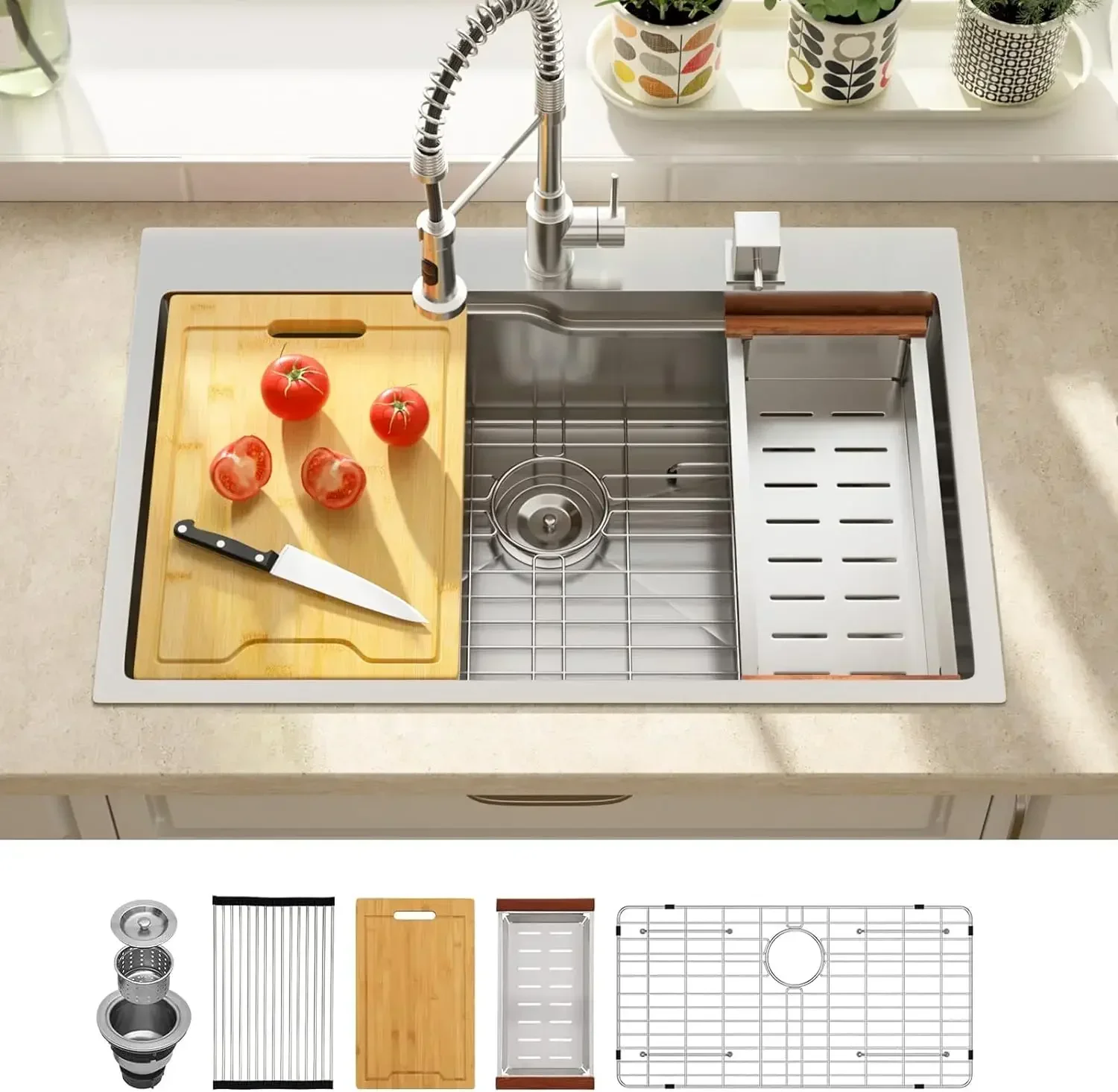 Lordear 33x22 Inch Drop in Kitchen Sink Top Mount Single Bowl Kitchen Sink 16 Gauge Stainless Steel Workstation Sink