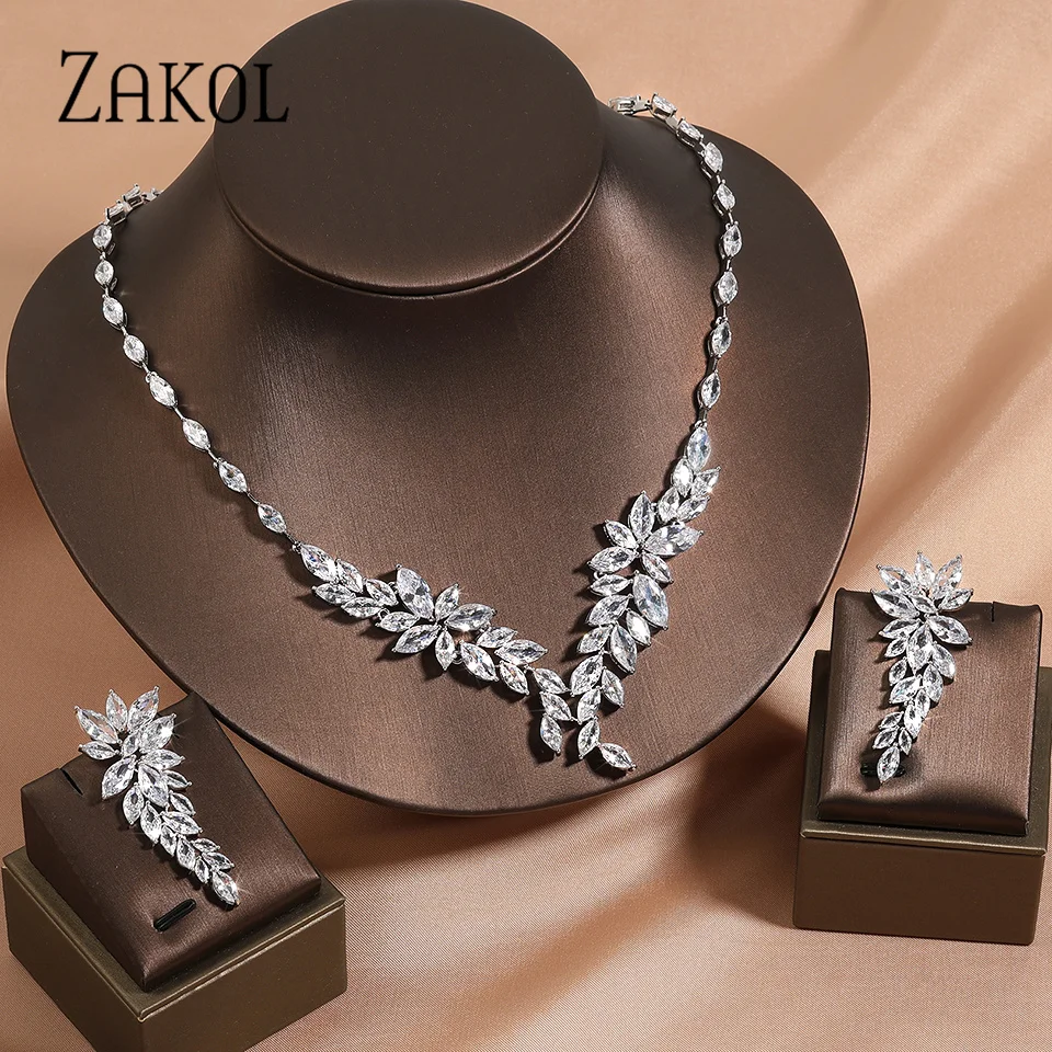 ZAKOL Top Quality Marquise Cut Cluster Shape Cubic kolczyki z cyrkoniami naszyjnik liść biżuteria zestawy dla kobiet rocznica sukienka