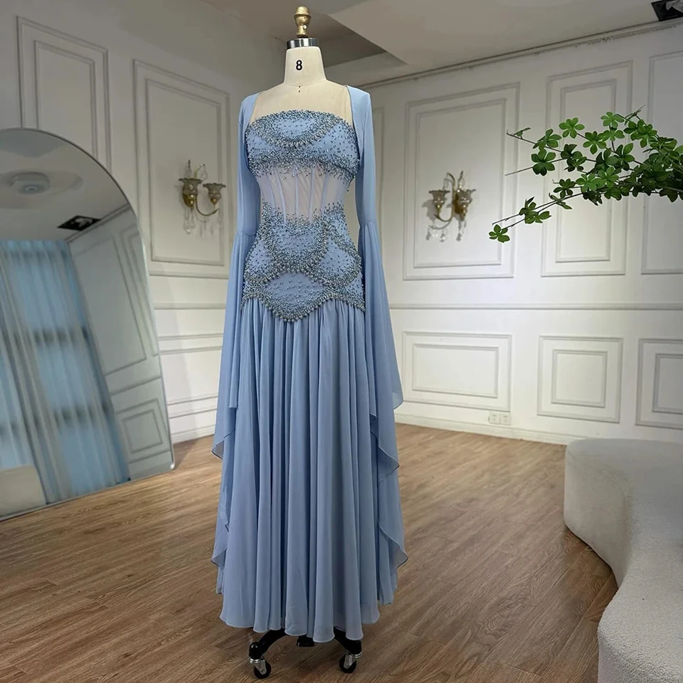 맞춤형 럭셔리 진주 태슬 블루 이브닝 드레스 플로잉 코트 케이프 크리스탈 정교한 2025 비치 파티 가운 이브닝 드레스