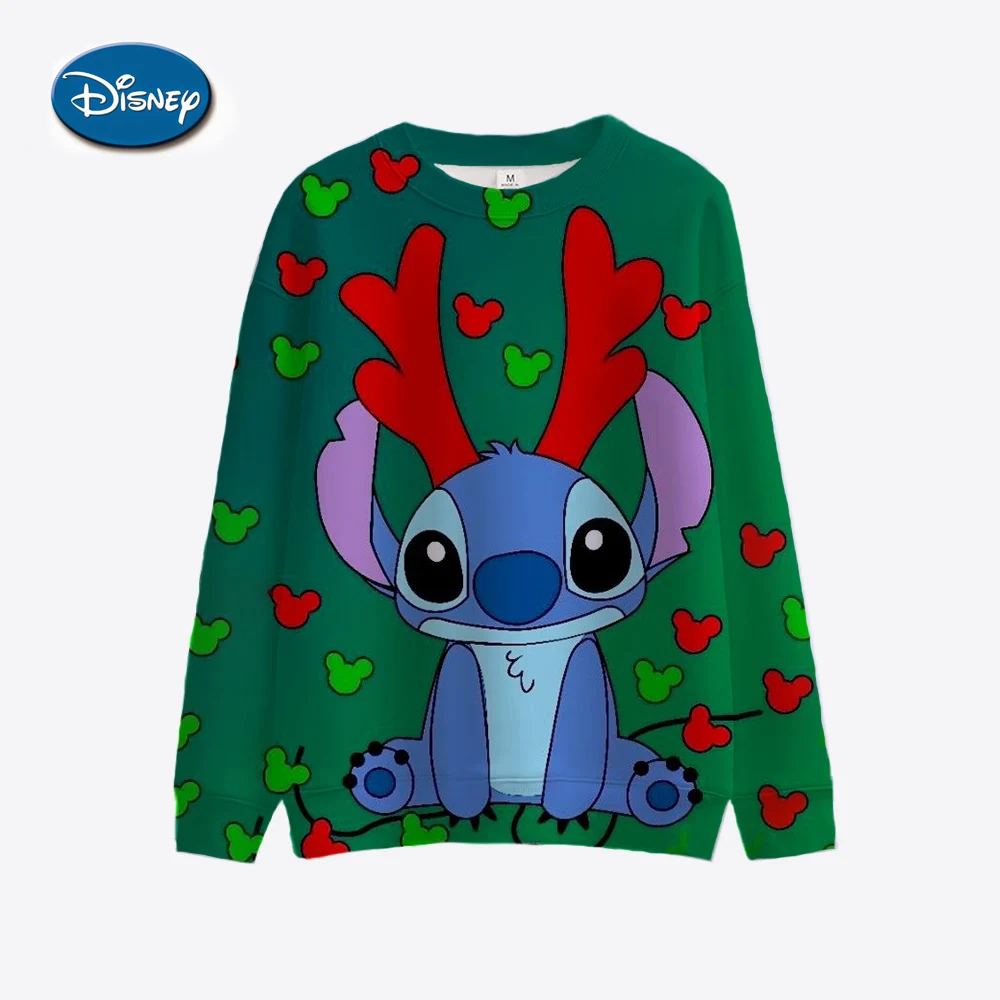 Christmas Disney Stitch Hoodie Long Sleeve Round Neck T-shirt Autumn/Winter Basic Hoodie Women\'s Knitted Checkered Sleeve Sports