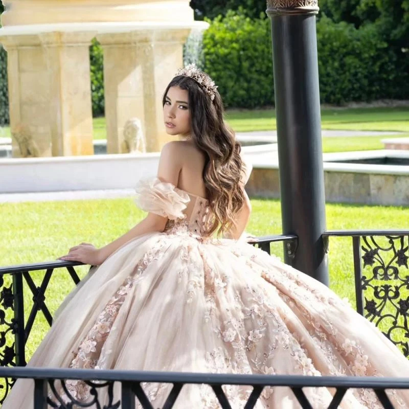 Vestido De baile De quinceañera con cuentas De cristal, manga desmontable, apliques De flores 3D, corsé De encaje, champán, 15 Años