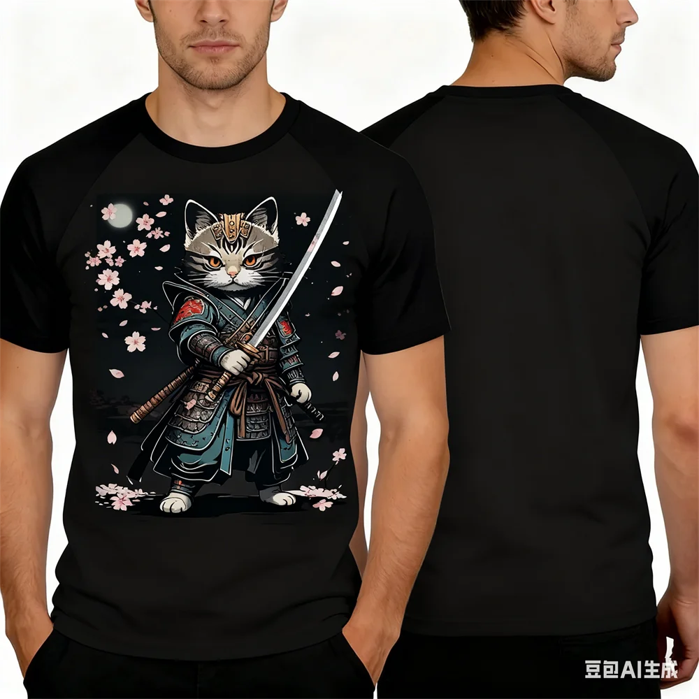 

Samurai Cat Pattern Men Clothing 3D Animal Printed Fashion Crew Neck Short Sleeve Summer Loose Leisure Breathable Men's T-shirt