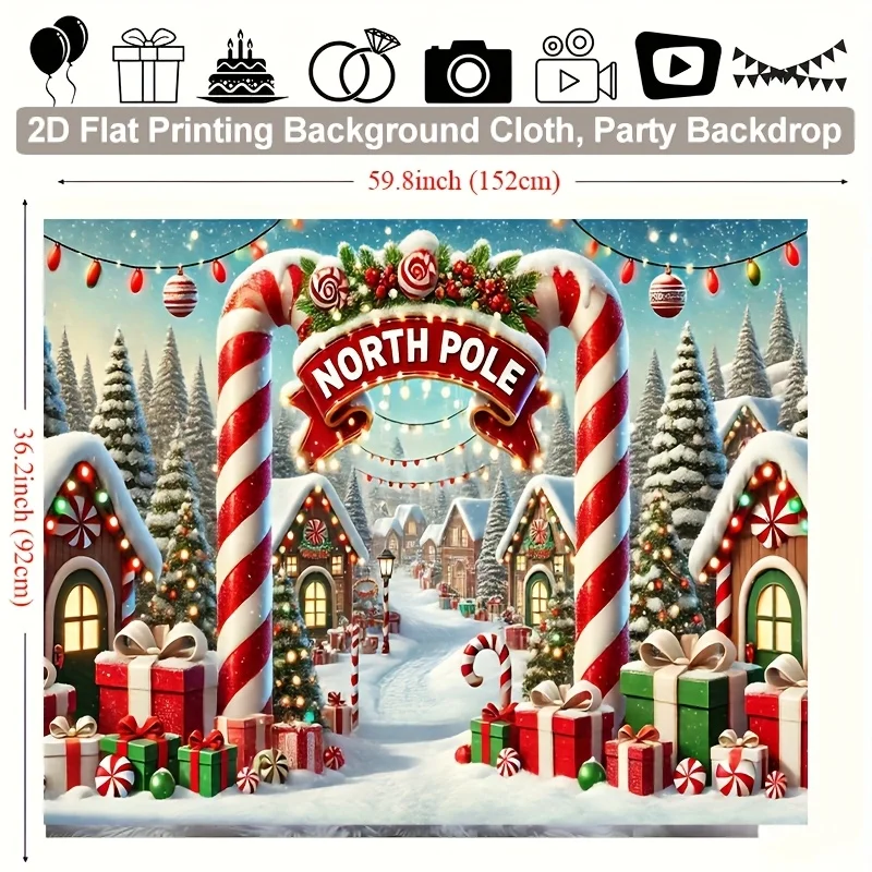 North Pole Christmas Tapestry, Snowy Village with Candy Cane Arches and Gift Boxes,Festive Wall Hanging for Indoor Holiday Decor