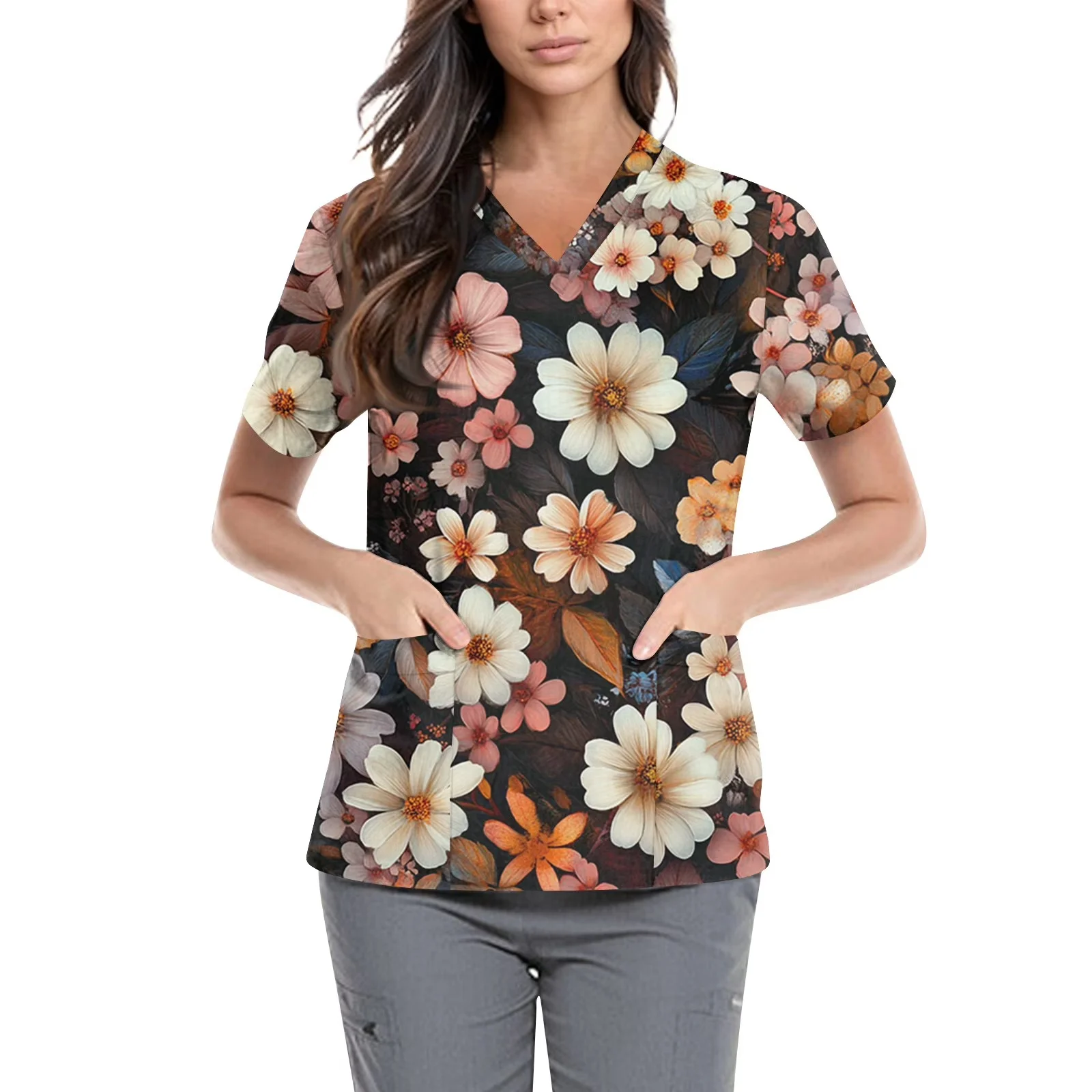 Fashion Flower Print Nurse Top Shirt Short Sleeved Nursing Medical Uniforms Shirts Unisex Hotel Doctor Operating Scrub T-shirt