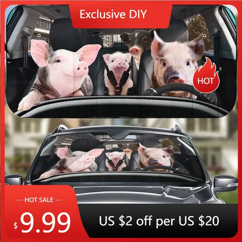 Pig Family Car Sunshade, Farm Car Sun Shade, Pig Car Decoration, Pig Lovers, Car Sun Protector, Pig Car Windshield LNG292111A21