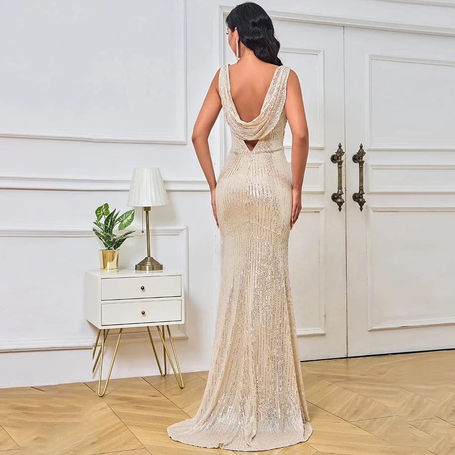 Glamorous Sequin Backless Cowl Neck Evening Dress with Side Slit-Sleeveless robes de soirée Gown for Formal Events