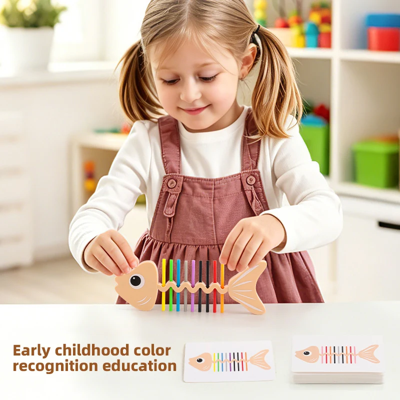 Fishbone Color Matching Game Montessori Inspired Kids Educational Toy Fine Motor Training 30 Flash Cards 18 Color Sticks