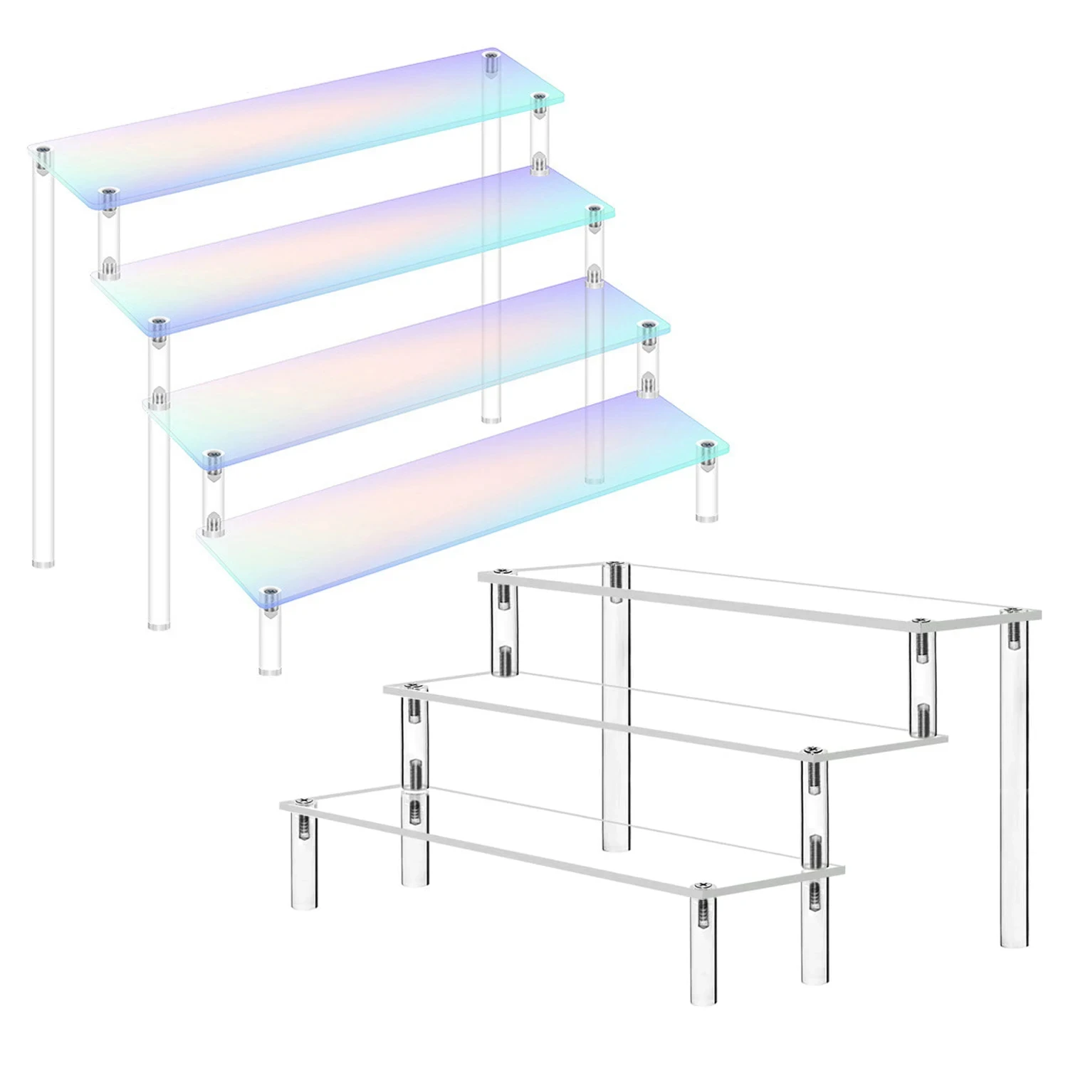 

Acrylic Display Riser Stand Shelf,Iridescent/Clear Cupcake Stand Perfume Organizer for Amiibo Funko Pop Figures Dessert Cosmetic