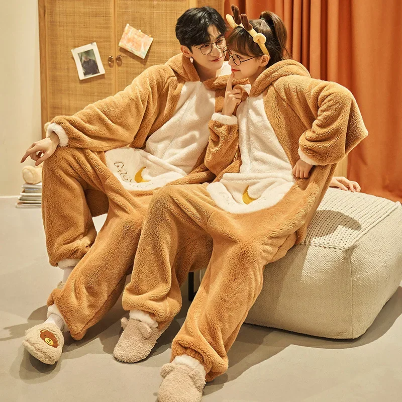 Winter couple pajamas jumpsuits women men coral fleece sleepwear onesie cartoon rabbit Korean warm thicken pyjamas lover pigiama