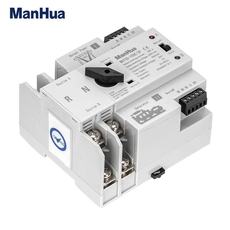 

Автоматический резервный переключатель ManHua Dual Power 100A 220VAC MATCS-100E, 2P, переключатель типа ПК с черной ручкой, монтаж на DIN-рейку