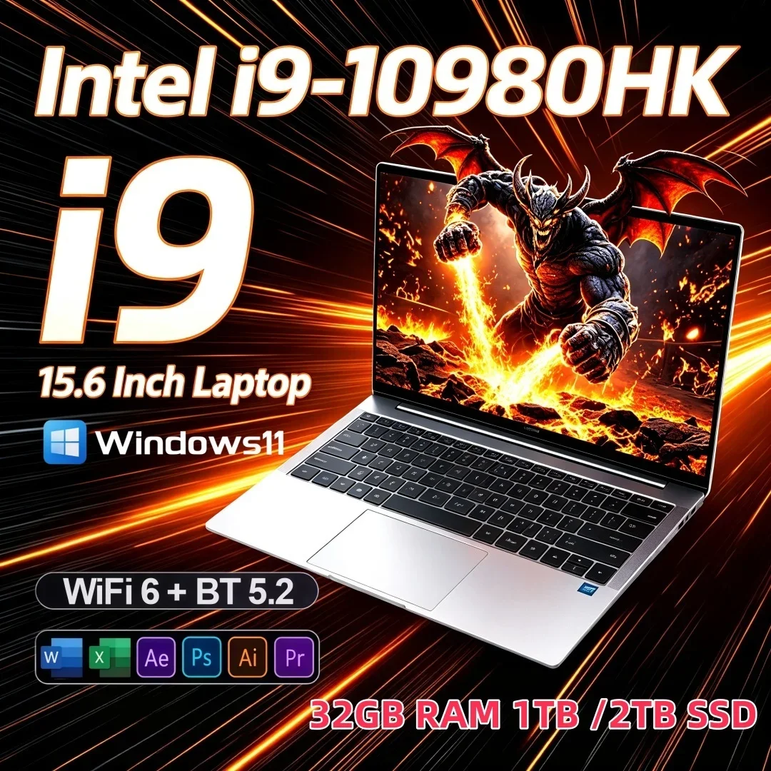 15.6 Inch Smooth Operate Ultra Slim Laptop Intel i9-10980HK 16/32GB RAM 1TB/2TB Big SSD Portable Windows11 Office Study Notebook