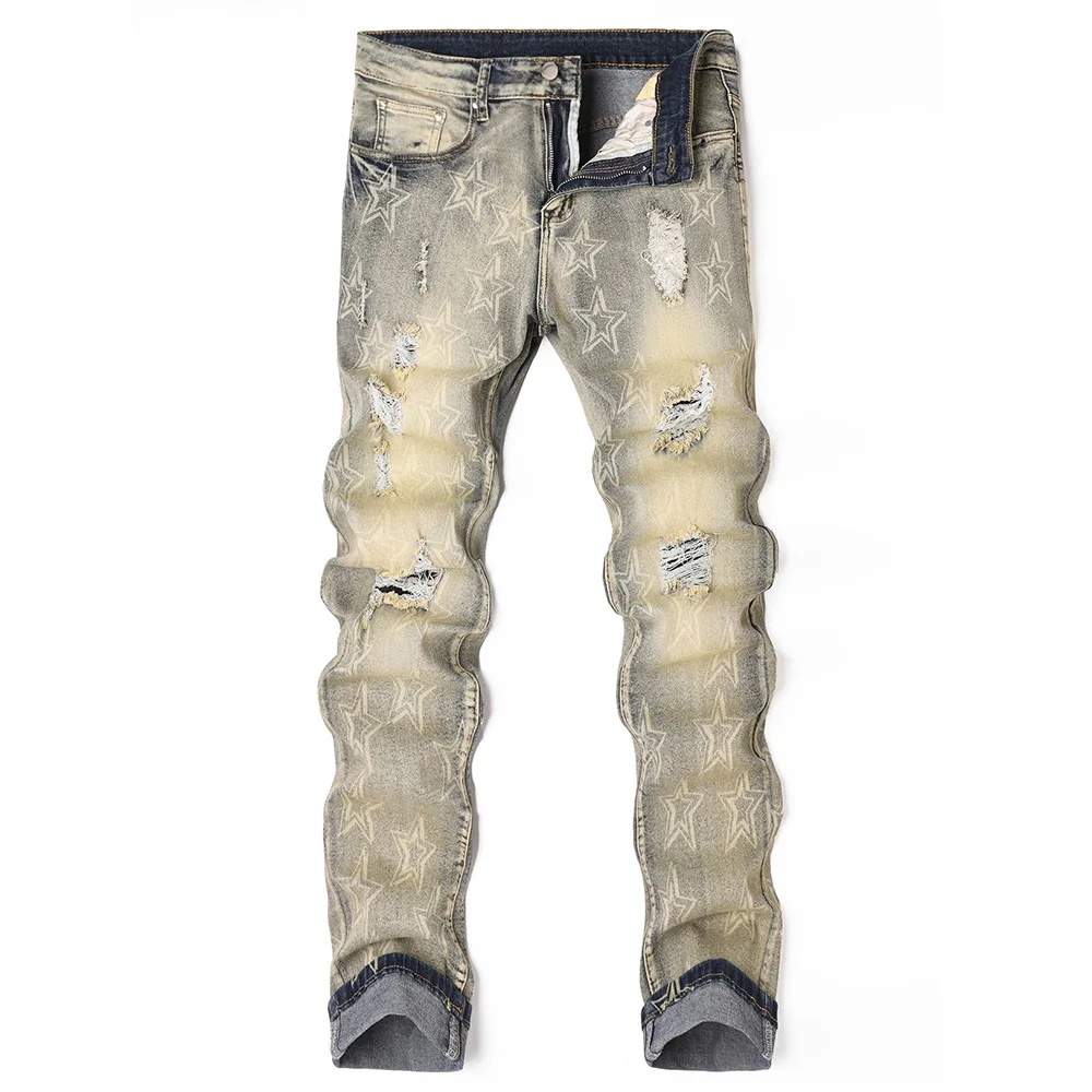

Men Stars Print Denim Jeans Streetwear Holes Ripped Distressed Cotton Pants Vintage Blue Slim Tapered Trousers