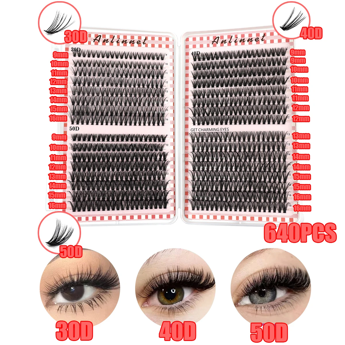 Anlinnet DIY Lashes Extensions Kit 640pcs Lash Clusters 30D/40D/50D Wispy Individual Lashes Mix 9-16mm Cluster Eyelash Extension