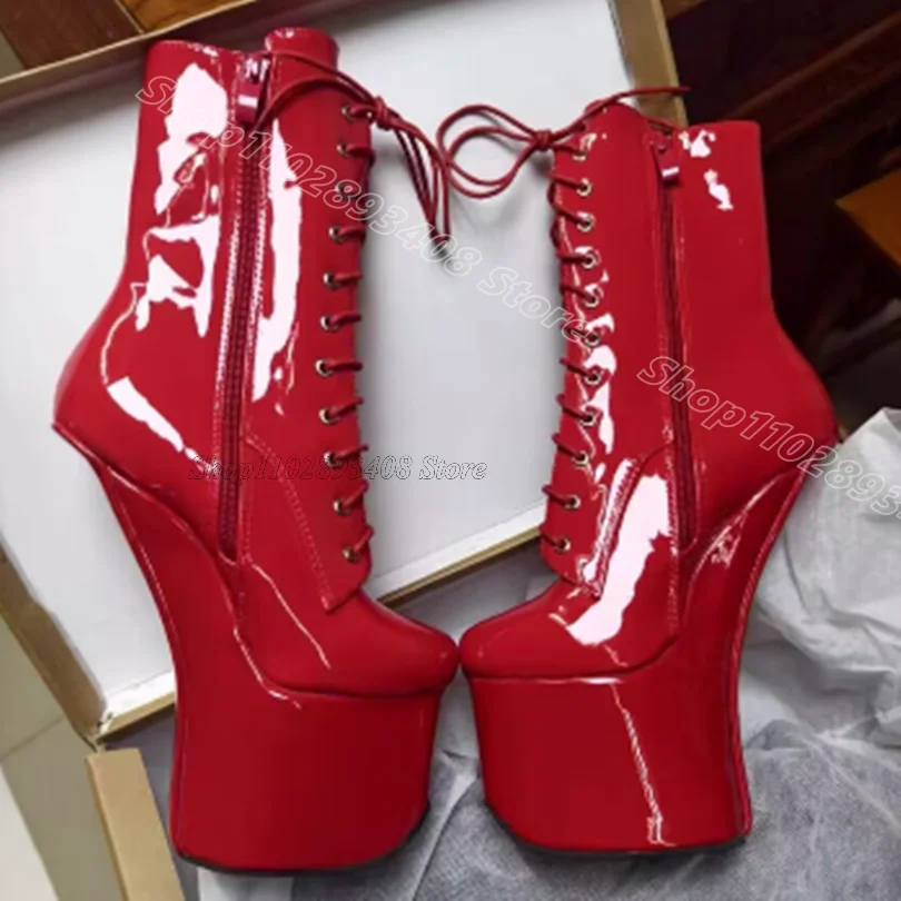

Red Platform Strange Style Boots Solid Patent Leather British Style Casual for Women Sexy Dance Boots 2025 Zapatos Para Mujere