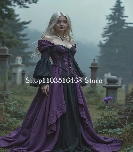 

Enchanted Medieval Witch Prom Dress Black With Purple Gothic Elf Victorian Renaissance Evening Dress Cosplay Party Customised