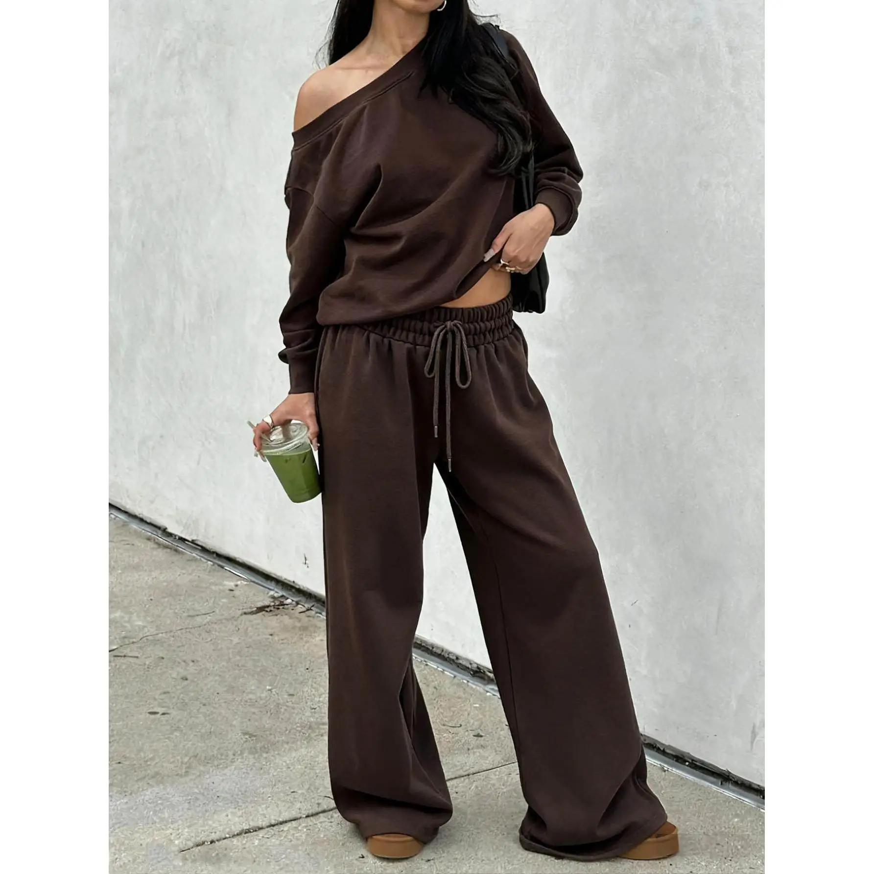 

Модный повседневный спортивный костюм-двойка с дизайном на плечах, осенне-зимняя новинка, женские вязаные брюки с высокой талией