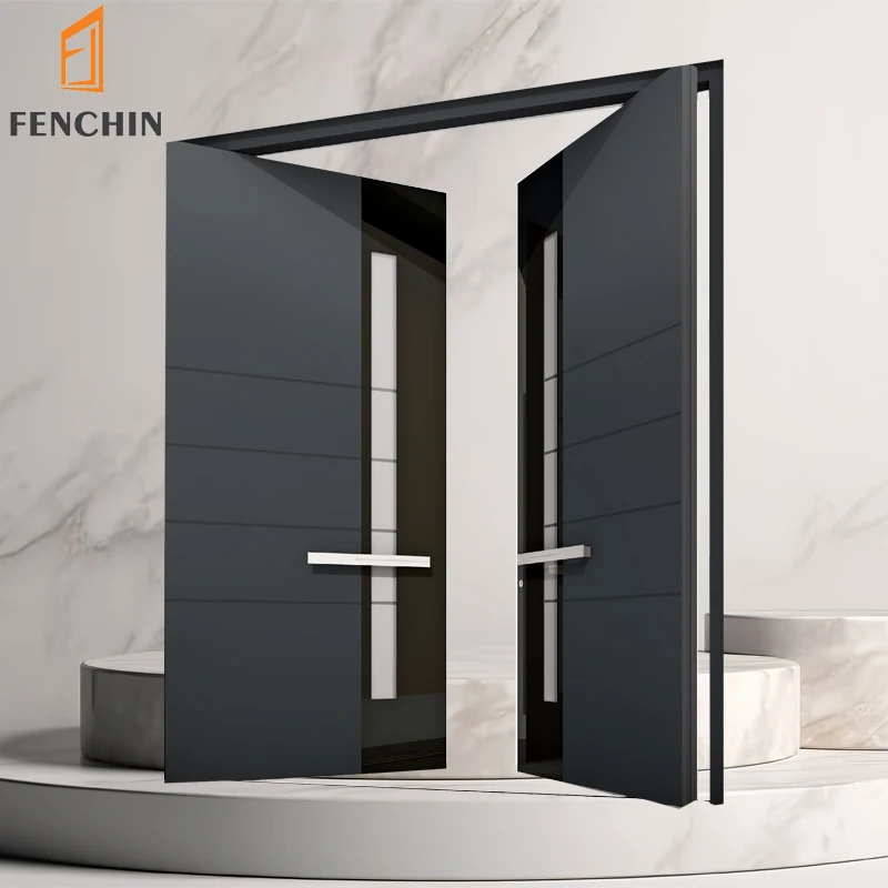 Customized Luxury Front Entrance Door Stainless Steel Pivot Door Solid Wood Walnut Exterior Glossy Double Entry Steel Door