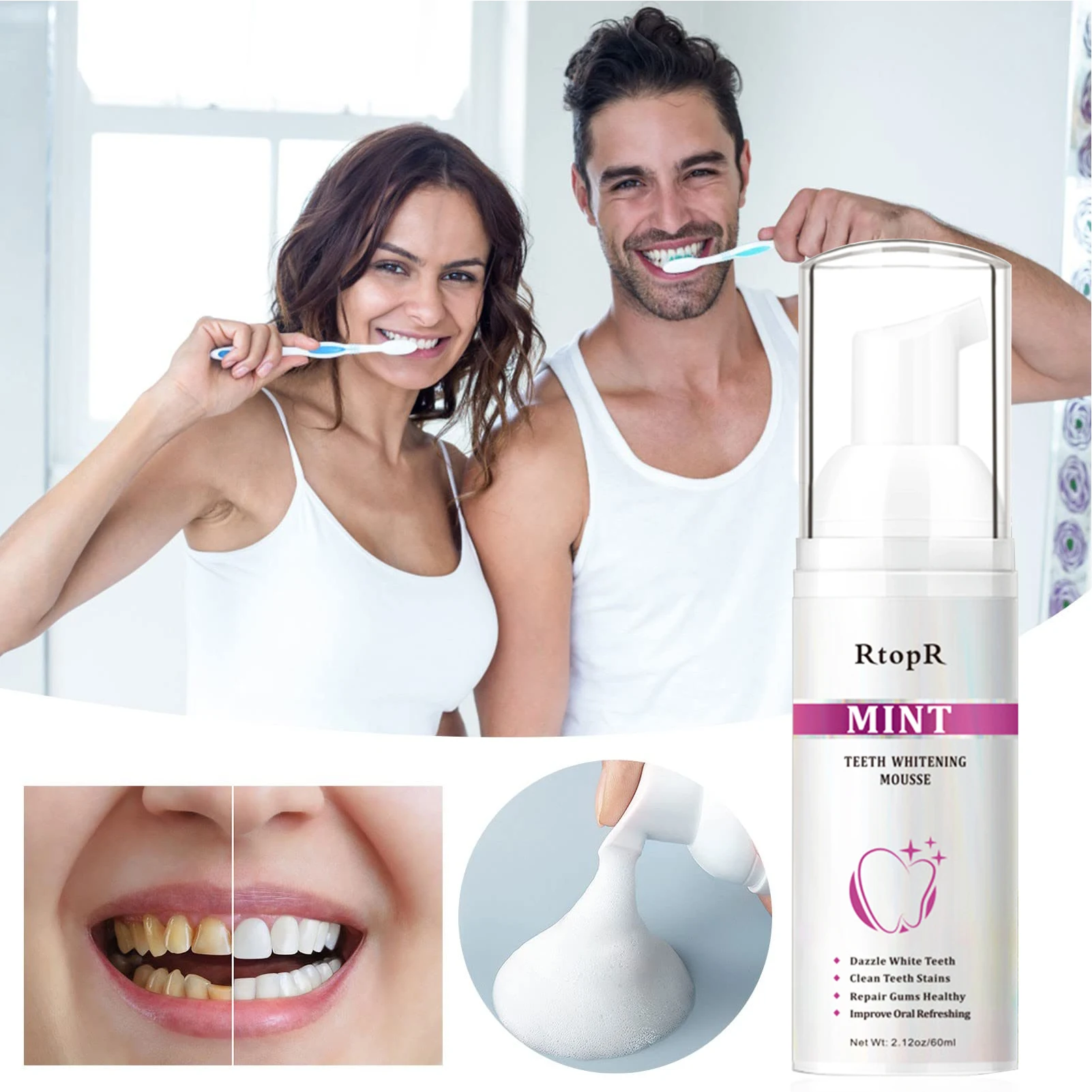 Mousse de clareamento dental, espuma de hortelã, creme dental, mousse de limpeza dos dentes, remove manchas, bicarbonato de sódio, espuma ultrafina profundamente