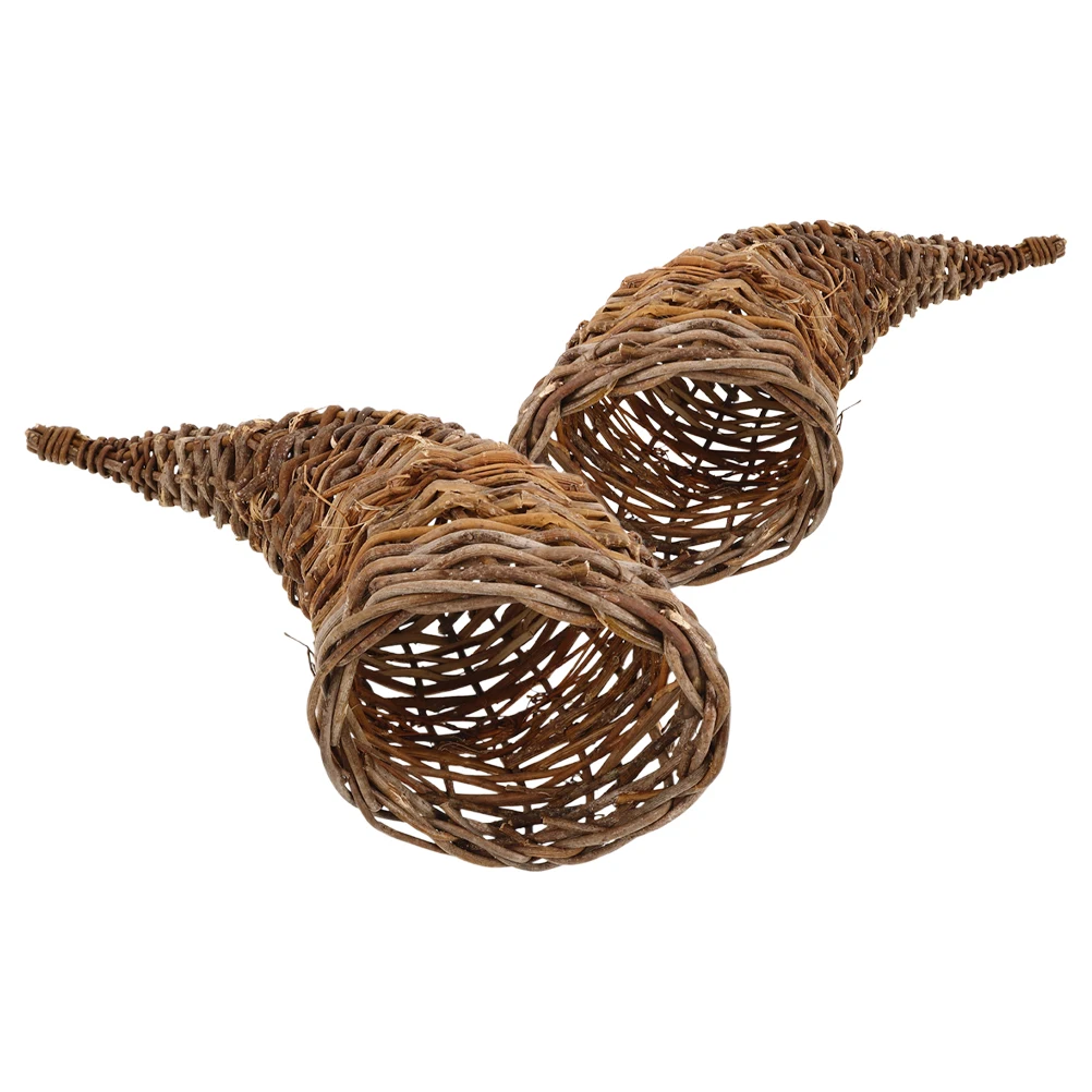 

2pcs Rattan Horn Baskets Fall Table Centerpieces Cornucopia Bread Storage Fruit Serving Woven Home Decor Organizer Snacks