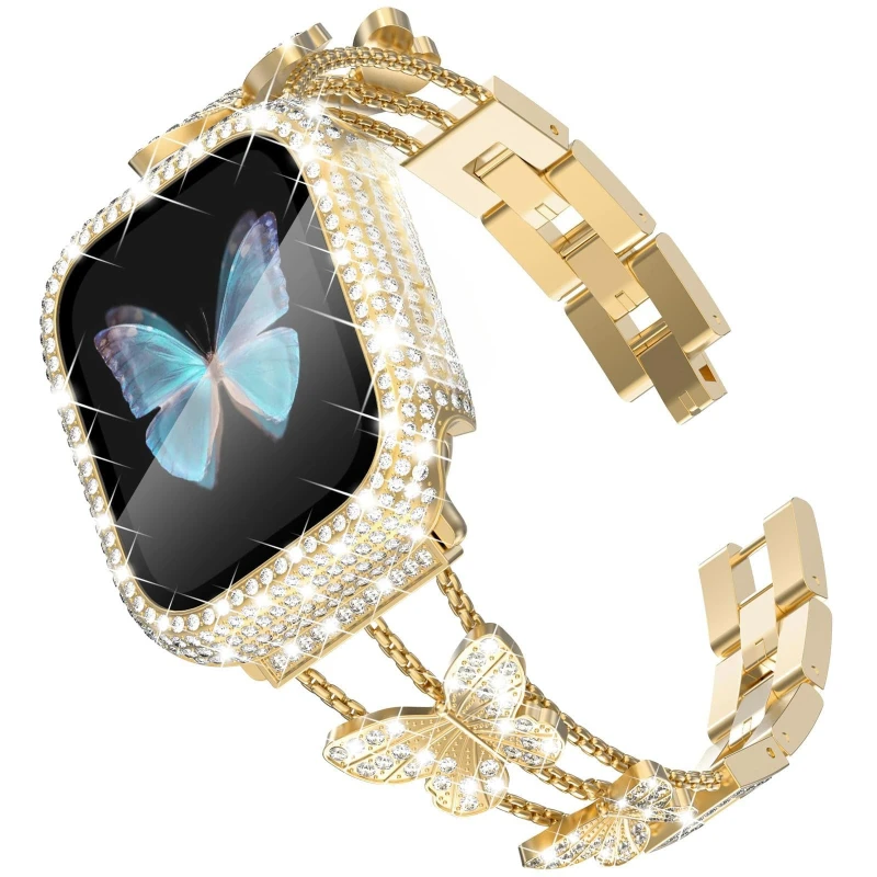 Elegant and fashionable butterfly diamond ladies watch strap for Apple watch, shiny butterfly diamond inlaid metal watch strap