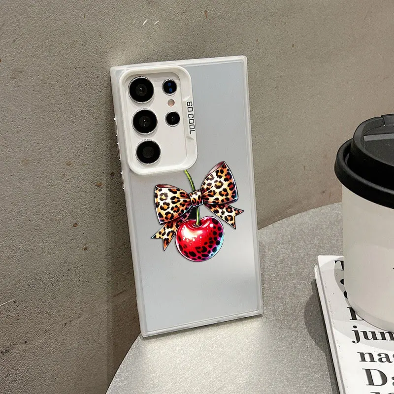 

For Samsung Galaxy S24 S23 Ultra Plus FE S25 S22 Ultra Plus S21 FE Laser Phone Case Cherry Leopard Print Bow Shockproof Covers