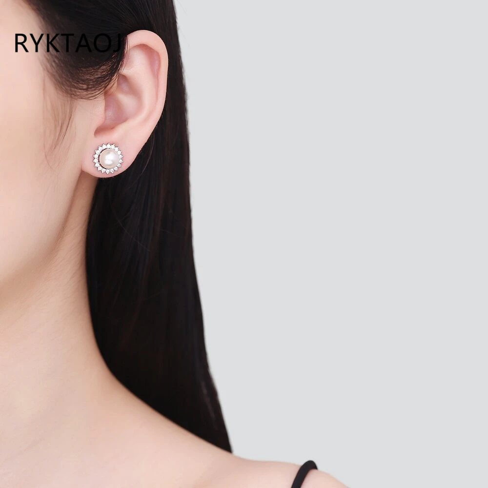 925 Sterling Silver Sunburst Halo Pearl Stud Earrings for Women Round Imitation Pearl with Cubic Zirconia Studs Jewelry Gift