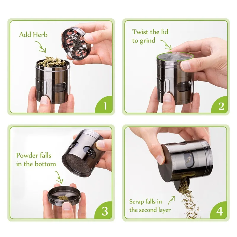 Metal Grinder Zinc Alloy Machine 60mm 4 Parts Clear Glass Window Easy Dump Crushed Herb Grinder view 2