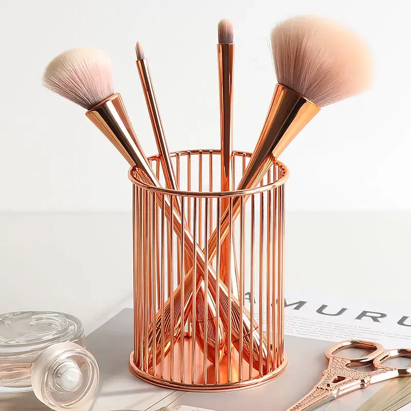 Nordic Hollow Out Makeup Brush Pot Holder Organizer, Iron Round Practical Pen Pencil Cup, Rose Gold Cosmetic Organizer Box