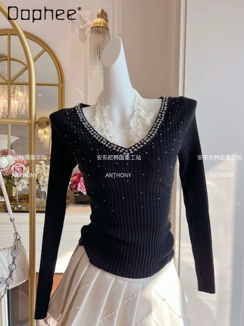 

Французский элегантный искусственный двухсекционный вязаный свитер со стразами, женский сексуальный тонкий свитер с v-образным вырезом и рукавами-колокольчиками, универсальный базовый пуловер