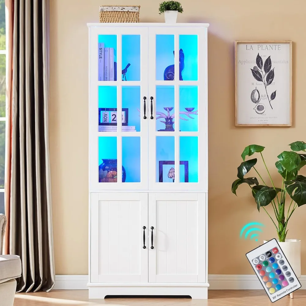 

71" Tall Bookshelf with Doors, LED Display Cabinet with 5-Tier Storage Shelves, White Bookcase for Study/Home Office/Living Room