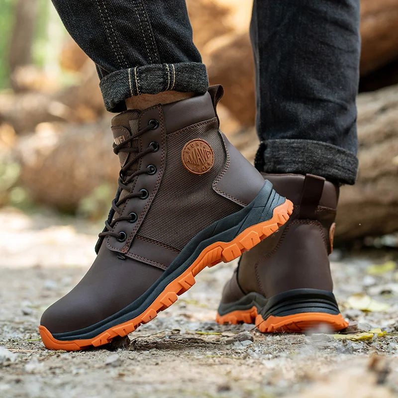 Waterproof Borwn Color Safety Shoes Men Steel Toe Work Boots Unisex Hiking Trail Anti-smash Non Slip Botas Platform Men Boots