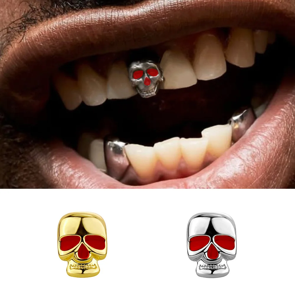 RACHELZ Gothic Single Red Eye Skeleton Tooth Caps For Women Men Hip Hop Skull Teeth Grillz Braces Punk Jewelry Halloween