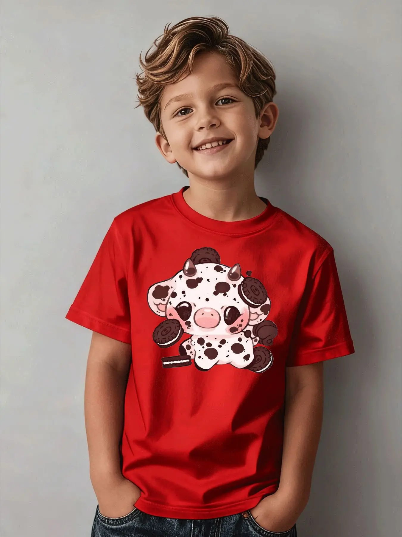 Children's Casual T-shirt Cute Cartoon Chocolate Cow Print Summer Trend Children's Clothing Casual Parent-child Clothing