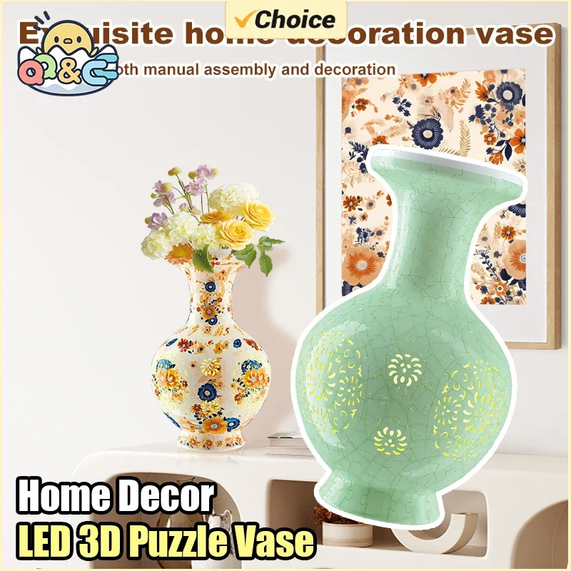 3D LED Light Puzzle Flower Vase Porcelain Design Home Decoration Diy Assembly Montessori Educational Toys Gift for Adults Kids