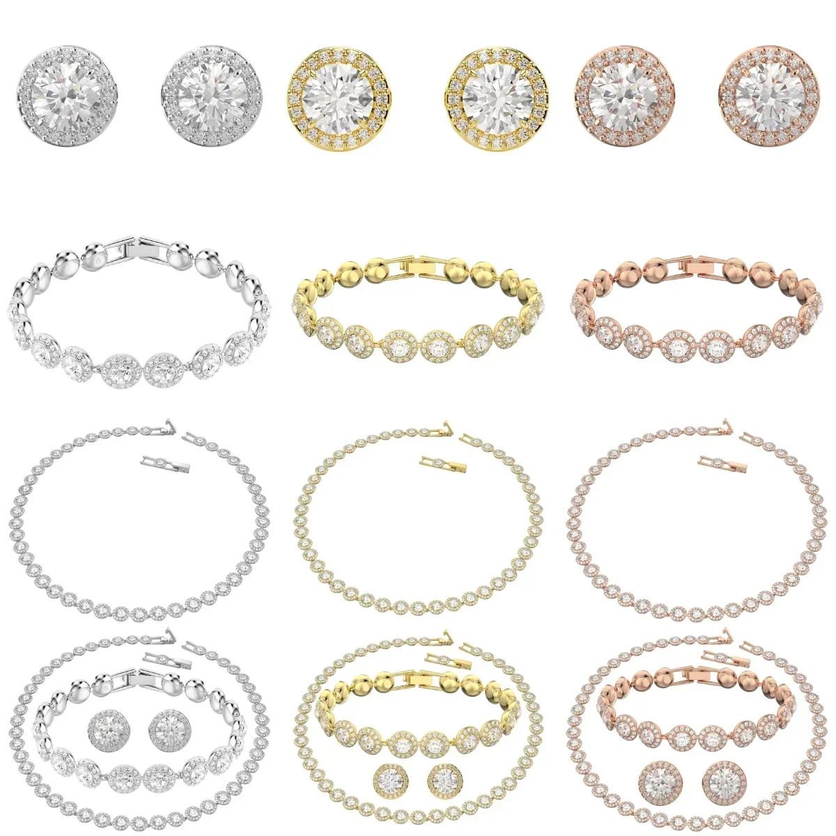 Conjunto de Joyería Clásico Happiness Diamond, Aretes, Pulsera y Collar con Cristales Redondos, Serie Angelic, para Mujer