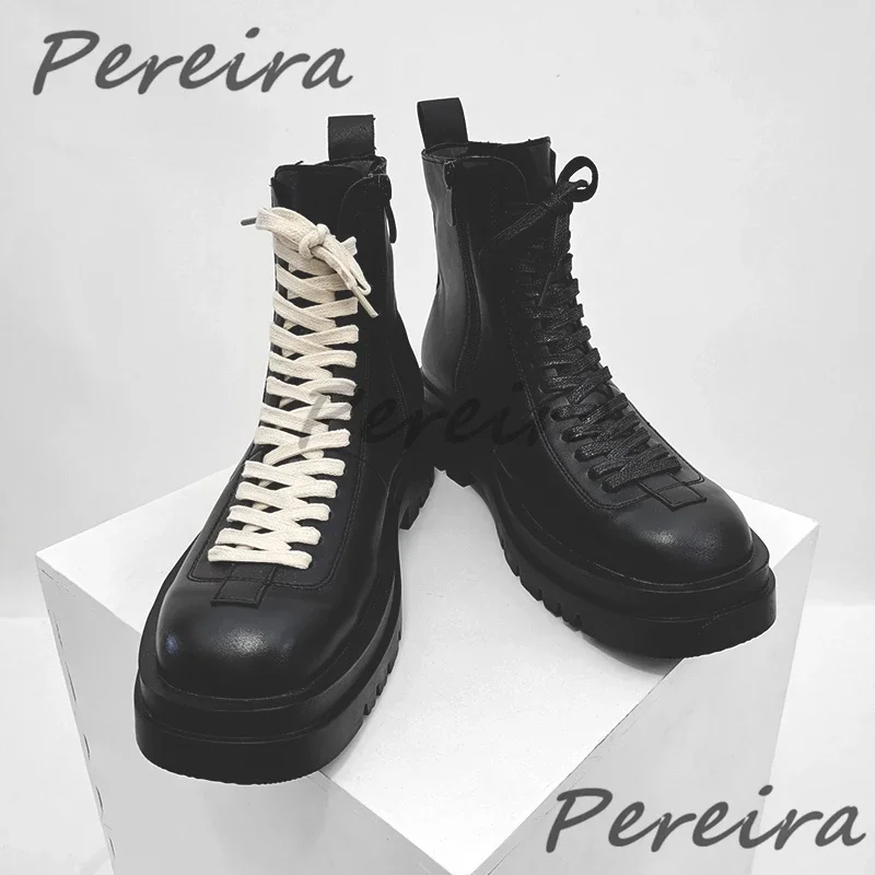 

Two Tone Lace Up Motorcycle Boots Men Trendy Thick Soled Square Toe Zipper Height Increasing Ankle Boots Outdoor Casual Shoes