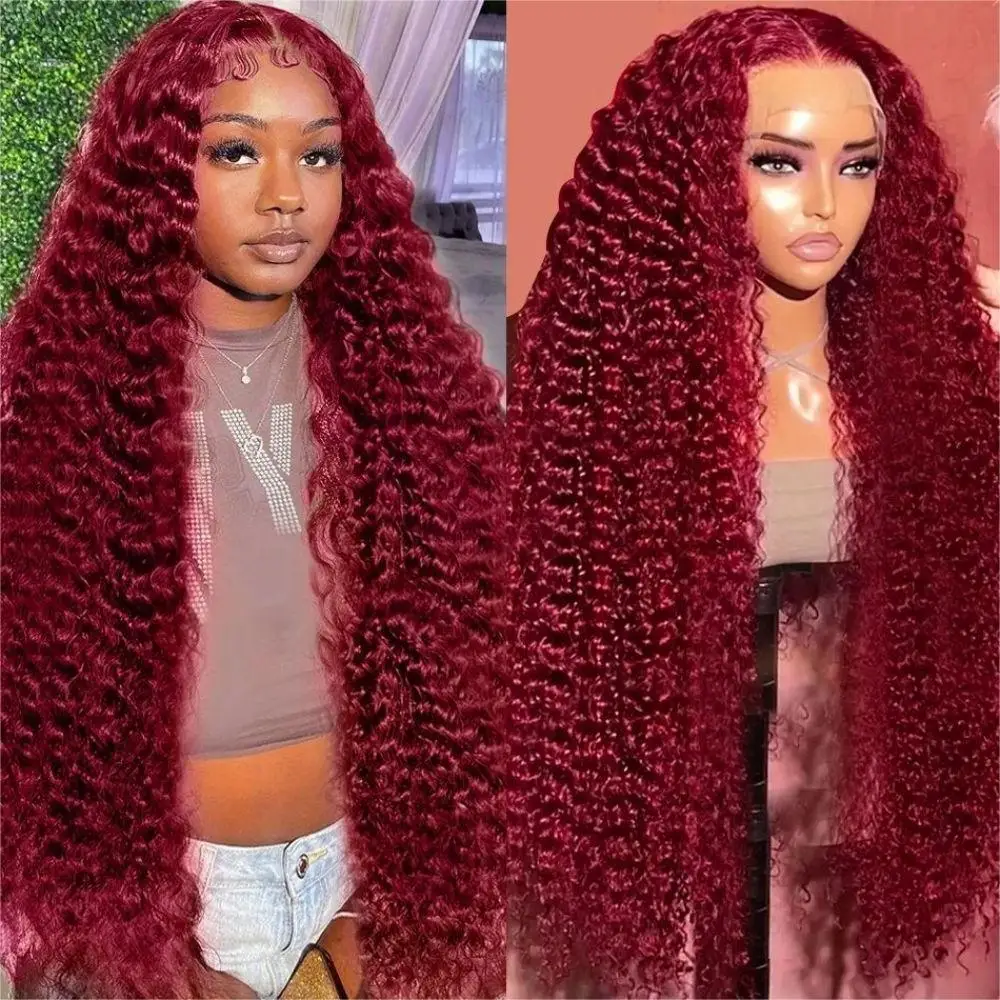 Curly 99j Burgundy 13x4 HD Transparent Lace Front Human Hair Brazilian Red Colored Deep Wave 13x6 Lace Frontal Wigs For Women