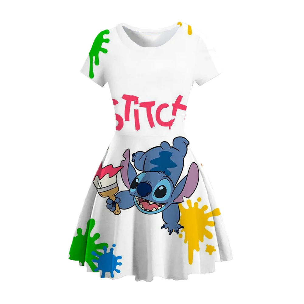 2024 Summer New Casual Fashion Cute Princess Dress 3D Print Disney Stitch Crew Neck Short Sleeve Princess Dress