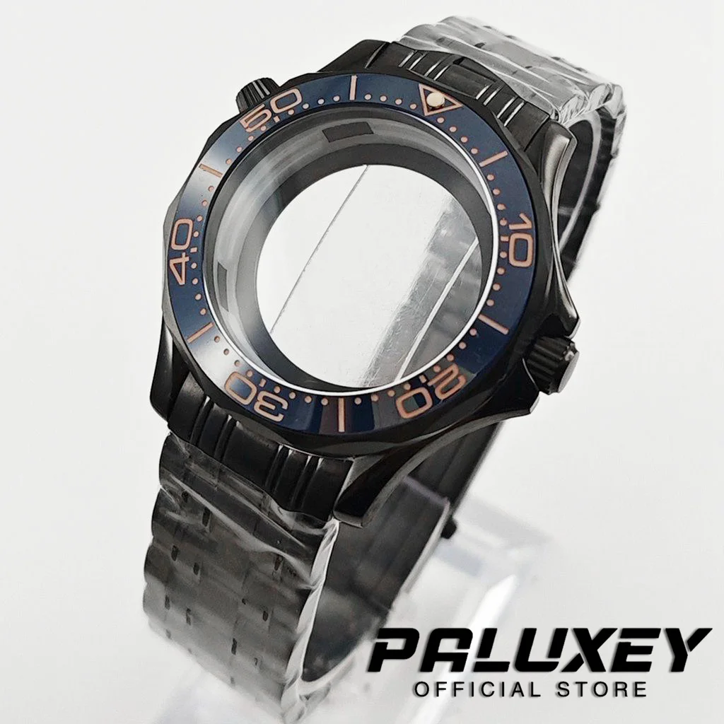 

Корпус часов NH35 PVD черного цвета 41 мм с керамическим безелем и браслетом для механизмов NH34, NH35, NH36, NH38, запчасти для модификации Seamaster, двойная заводная головка