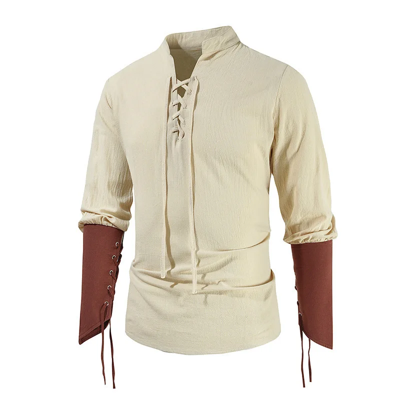 New Men's Long Sleeve Casual Strap Up Collar Shirt