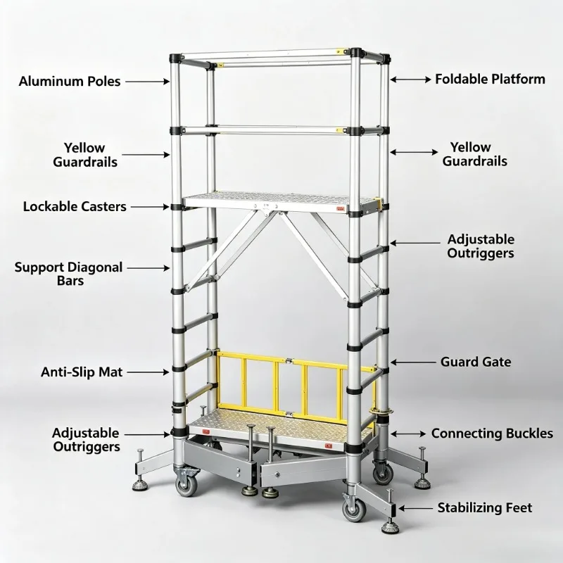 3‑Section Telescopic Aluminum Mobile Tower Scaffolding Ladder Portable Working Platform CE Certified Construction Accessory