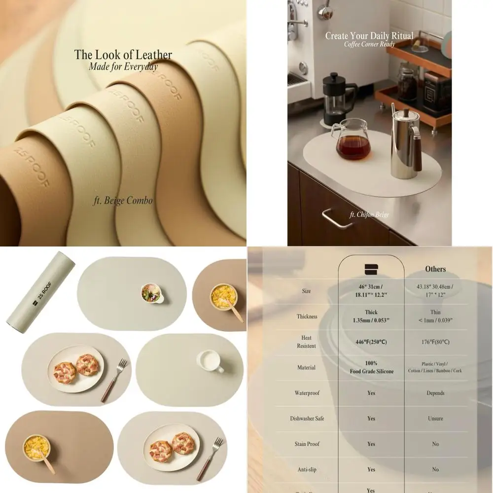 

Oval Silicone Placemats Set of 6 - Heatproof, Water-Resistant, Easy Clean, Non-Slip Modern Dining Mats - Premium Textured Japand
