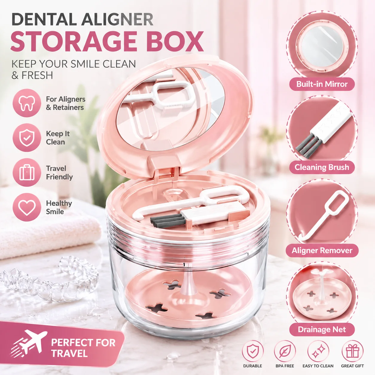 Leak Proof Sealed Retainer Case Invisible Braces Denture Bath Soaking Container Waterproof Portable Cleaning Box with Lid