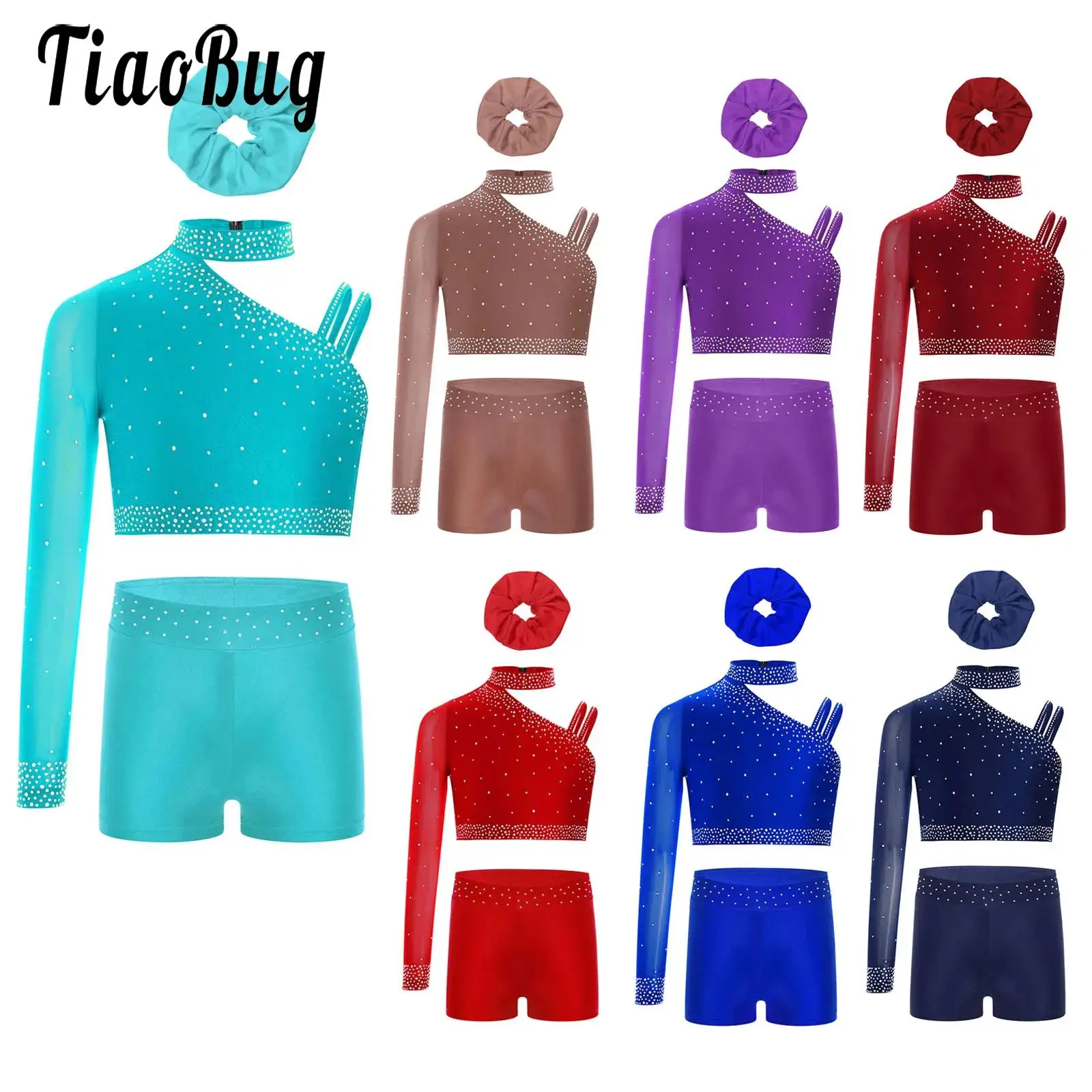 Kids Girls Ballet Gymnastic Figure Skating Dance Outfit Rhythmic Dance Performance Costumes Cropper Tops And Shorts Hairband Set